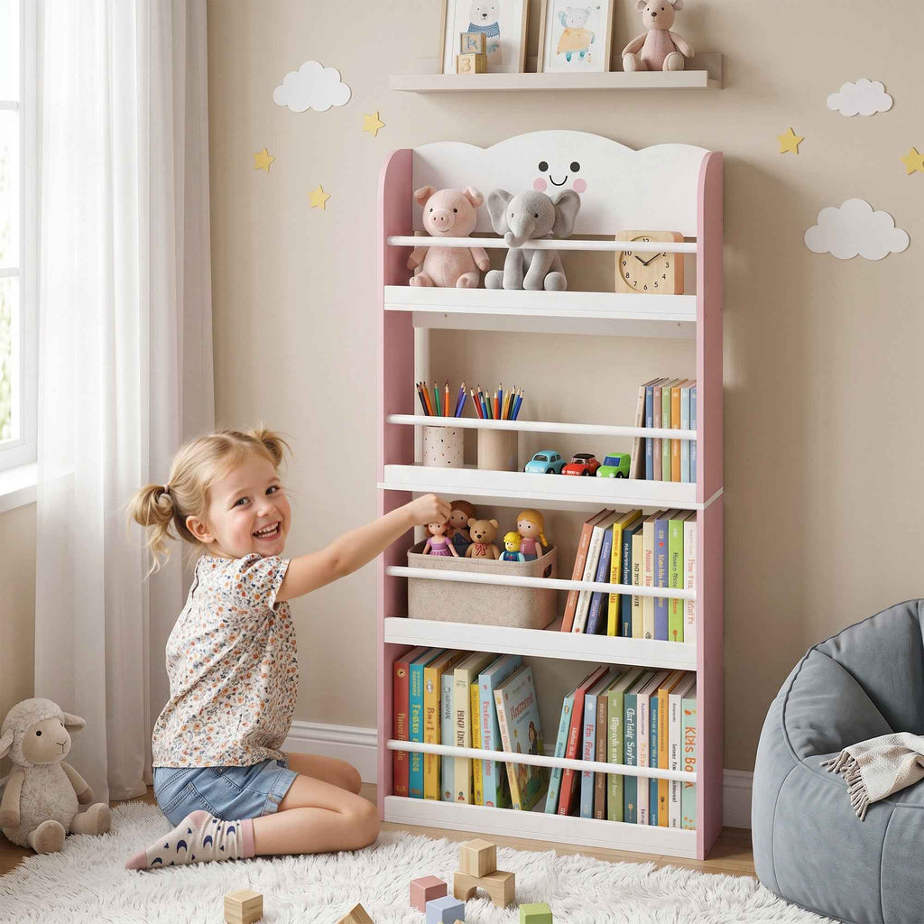 AIYAPLAY Montessori Bookshelf for Children Ages 3-6 with Cotton Candy Theme, 4 Wooden Shelves, for Children's Bedroom, Pink