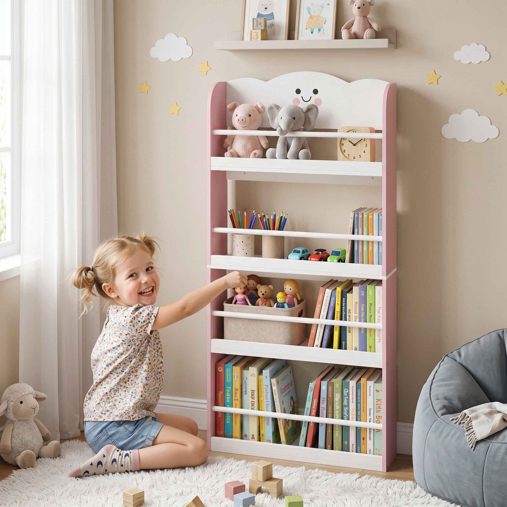 AIYAPLAY Montessori Bookshelf for Children Ages 3-6 with Cotton Candy Theme, 4 Wooden Shelves, for Children's Bedroom, Pink