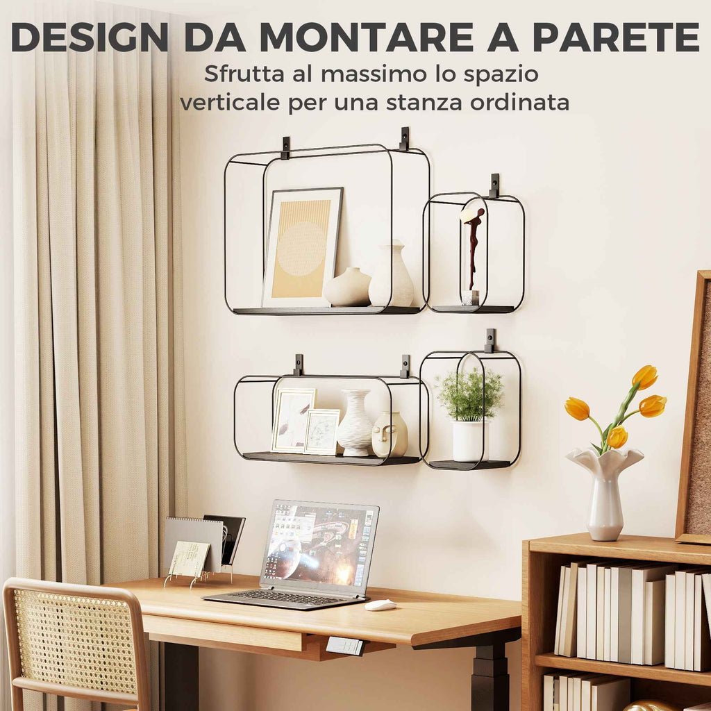 HOMCOM Geometric Floating Shelves for Living Room, Set of 4, Black
