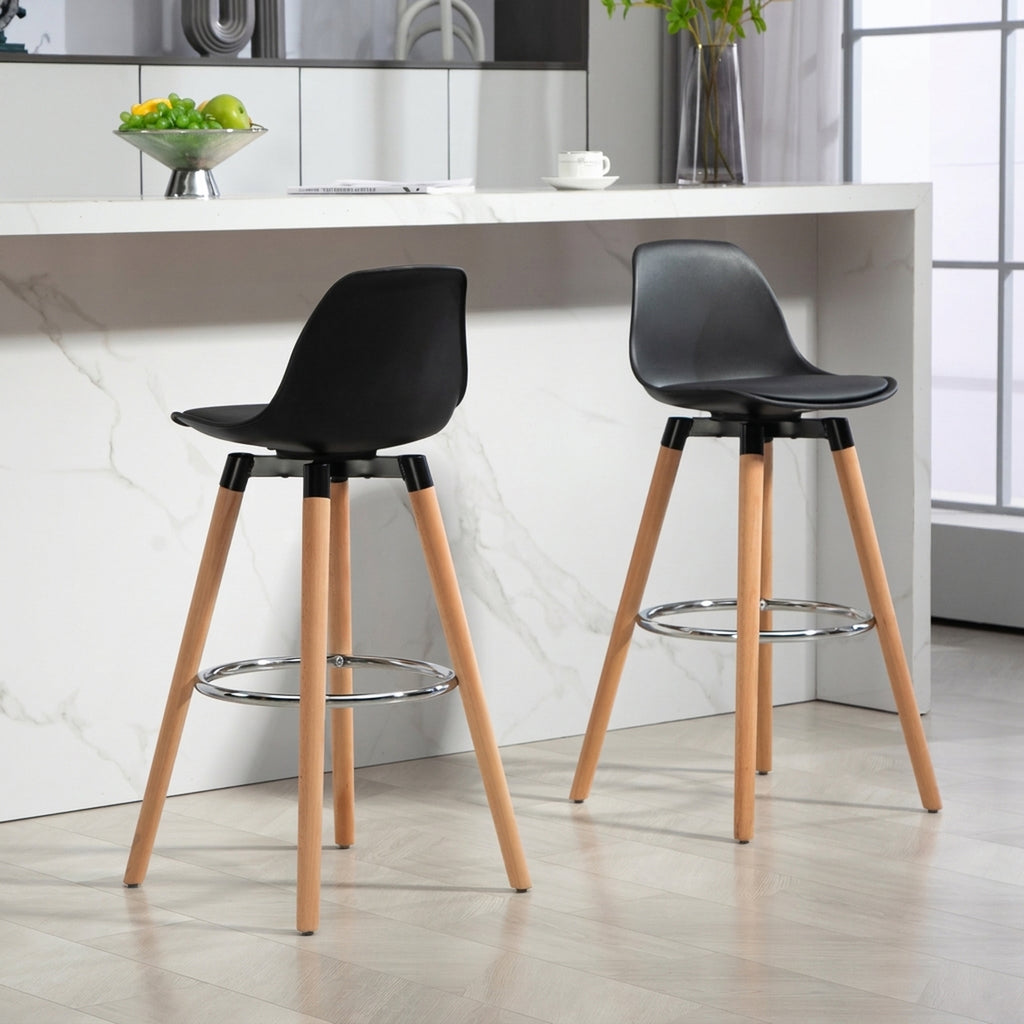 HOMCOM Set of 2 Modern PU Bar Stools, High Kitchen Stools with Backrest, Steel Footrest, 69cm High Padded Seat, Wooden Legs