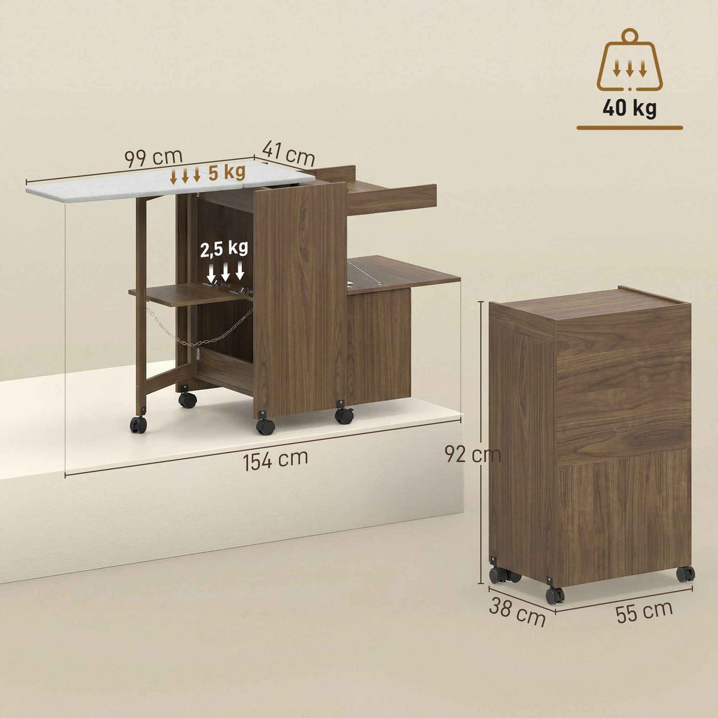 HOMCOM Folding Ironing Board with Iron and Garment Holder with Open Compartment, 154x55x87 cm, Brown