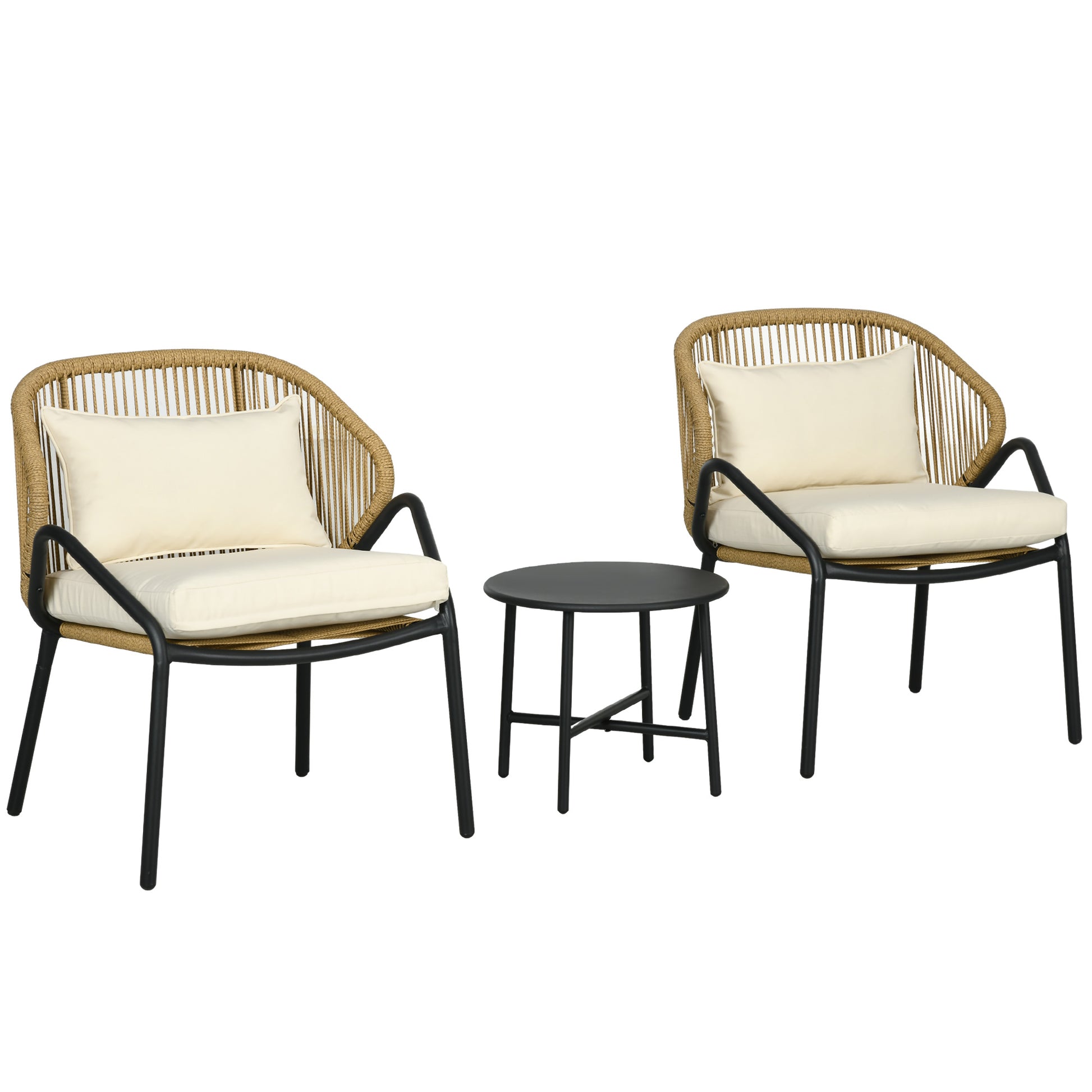 Luxurious 3-Piece Garden Set by Outsunny: 2 Armchair with Cushions & Steel-Rattan Table, Cream - Borgè