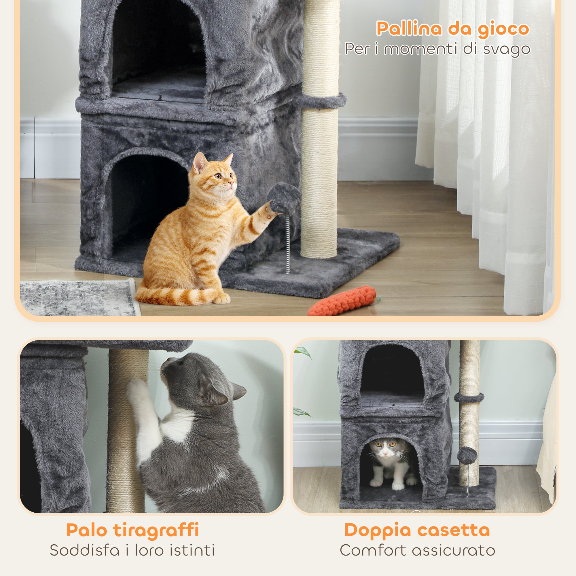 Cat Tower for Cats up to 7 kg with 2 Houses and Bed, Sisal Pole and Plush Cover, Dark Grey