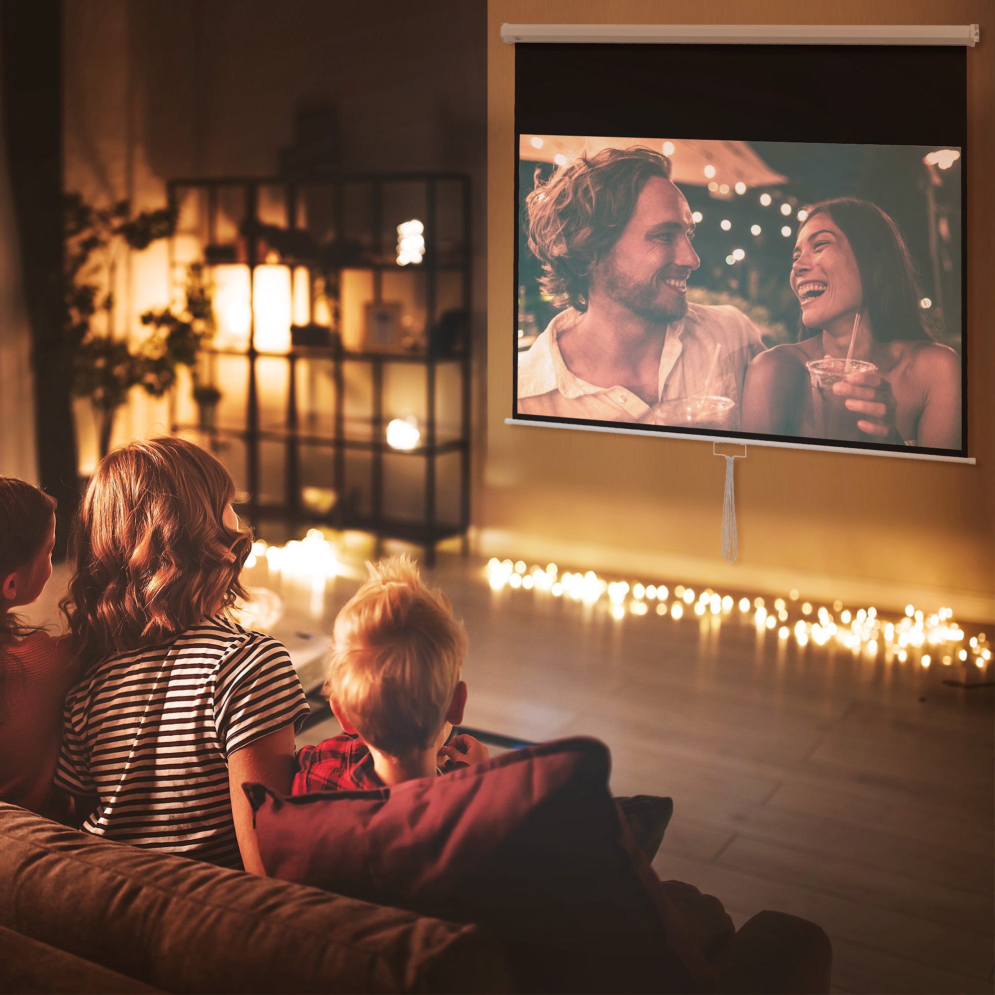 80" 16:9 Projector Screen with Adjustment Cord, Plastic and Metal, 187x8x150 cm, White