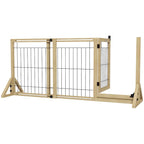 PawHut Extendable Dog Gate with Door and 2 Panels, Triangular Feet, 112-159x70 cm, Natural Wood