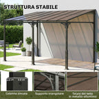 Outsunny 4x3 m Lean-to Pergola with Polycarbonate, Metal, and Aluminum Roof with Screws, Brown