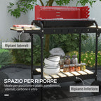 Charcoal Barbecue with Adjustable Grill and 3 Wooden Metal Shelves, 103x47x95 cm, Red