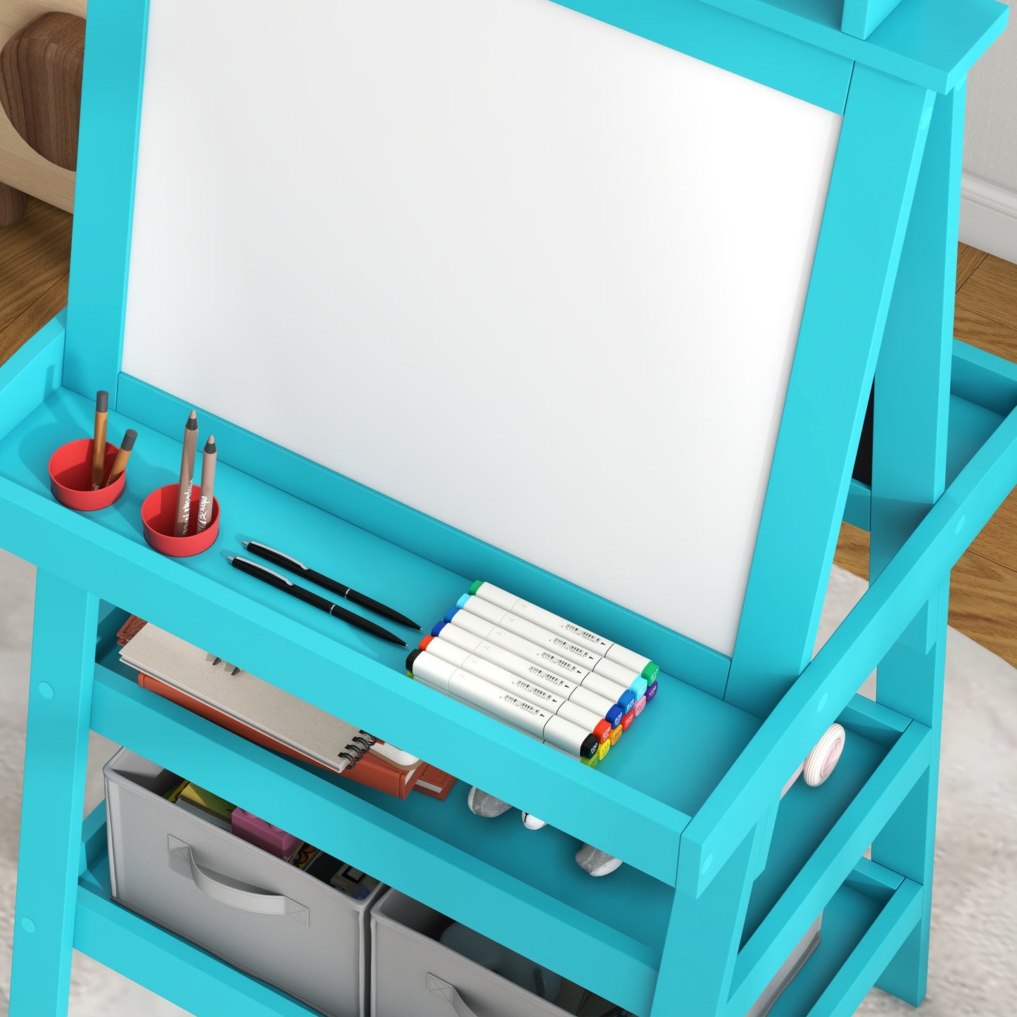 Children's Blackboard with Easel 3 in 1, Paper Roll and 2 Containers, Wooden, 59x48x118 cm, Blue