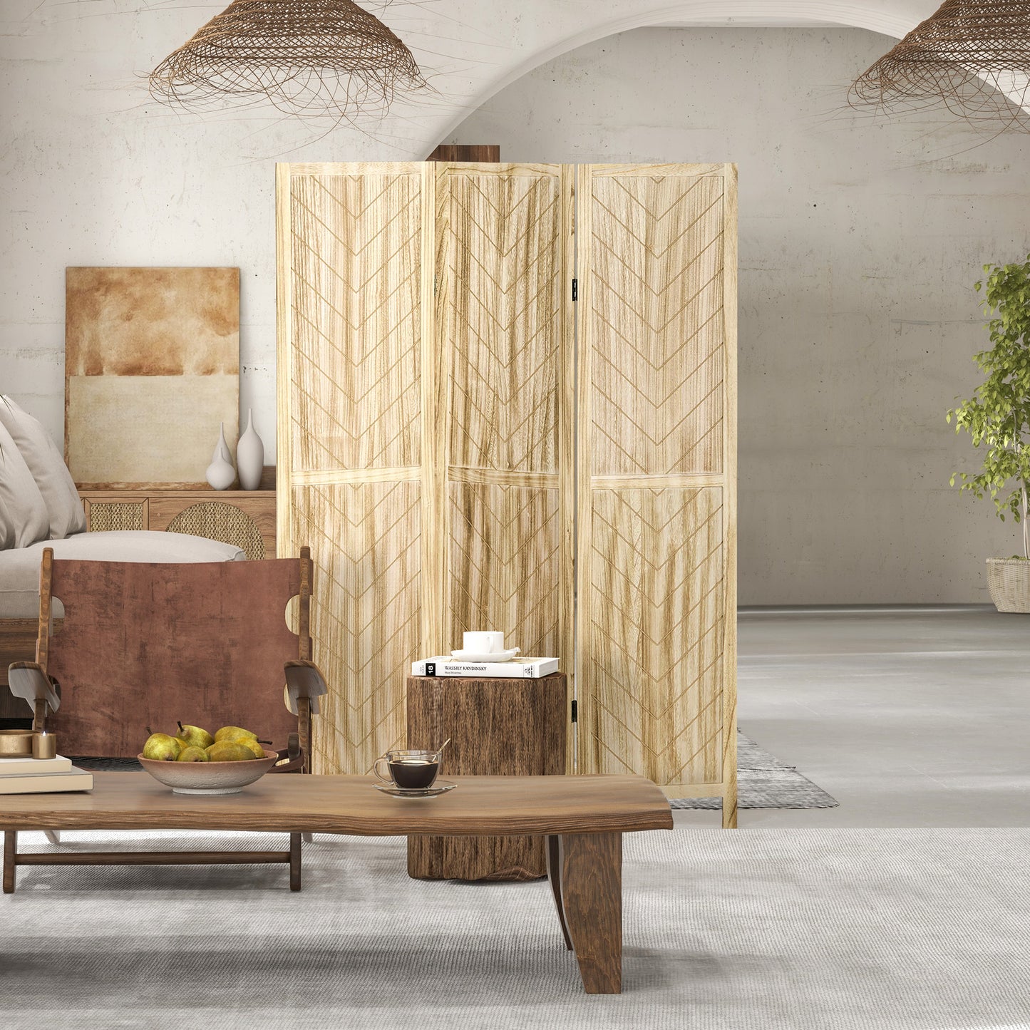 3-Panel Folding Herringbone Wooden Indoor Screen, 120x1.6x170cm