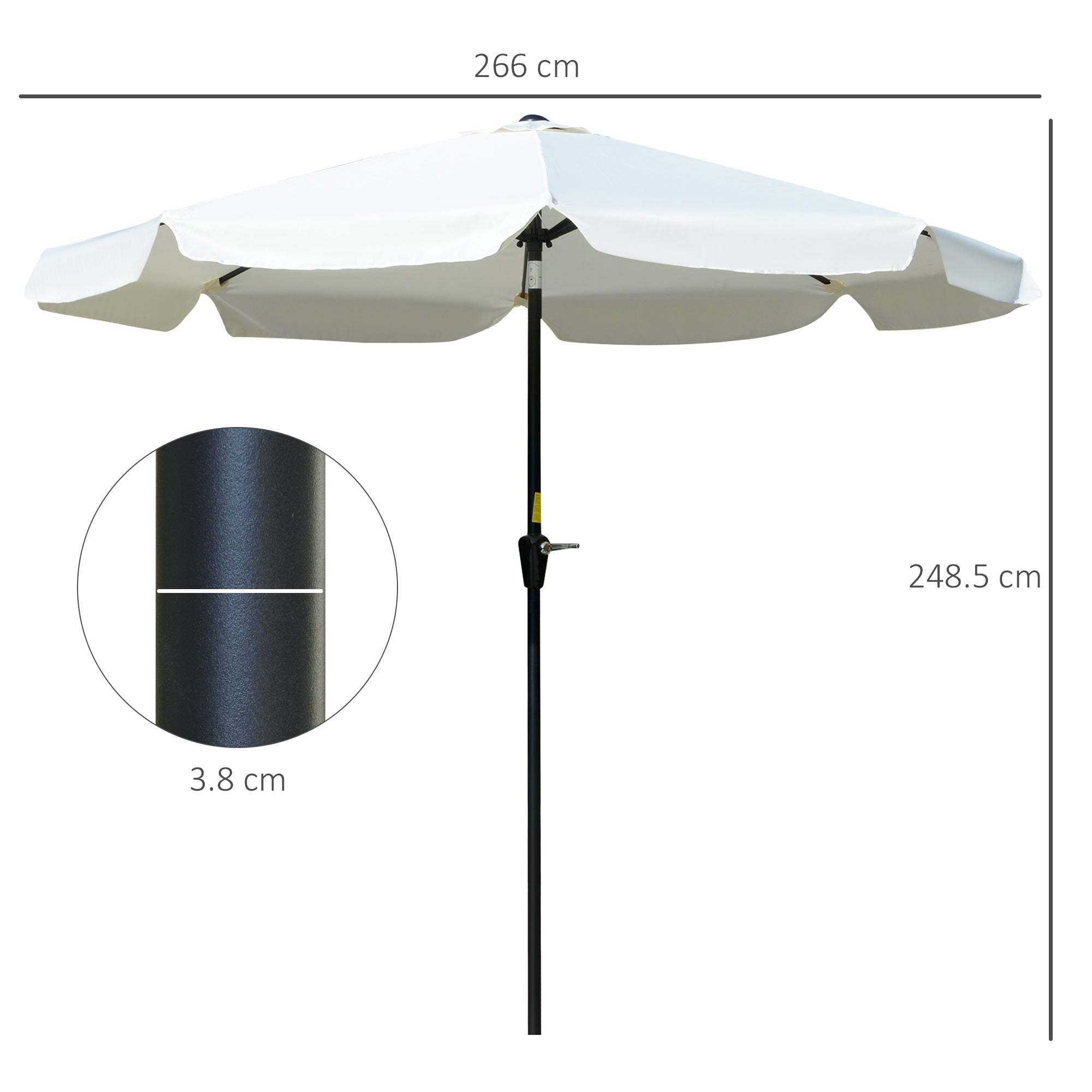 Tiltable Round Umbrella with Crank, in Aluminium, Metal and Polyester, Ø266x248.5 cm, Cream White