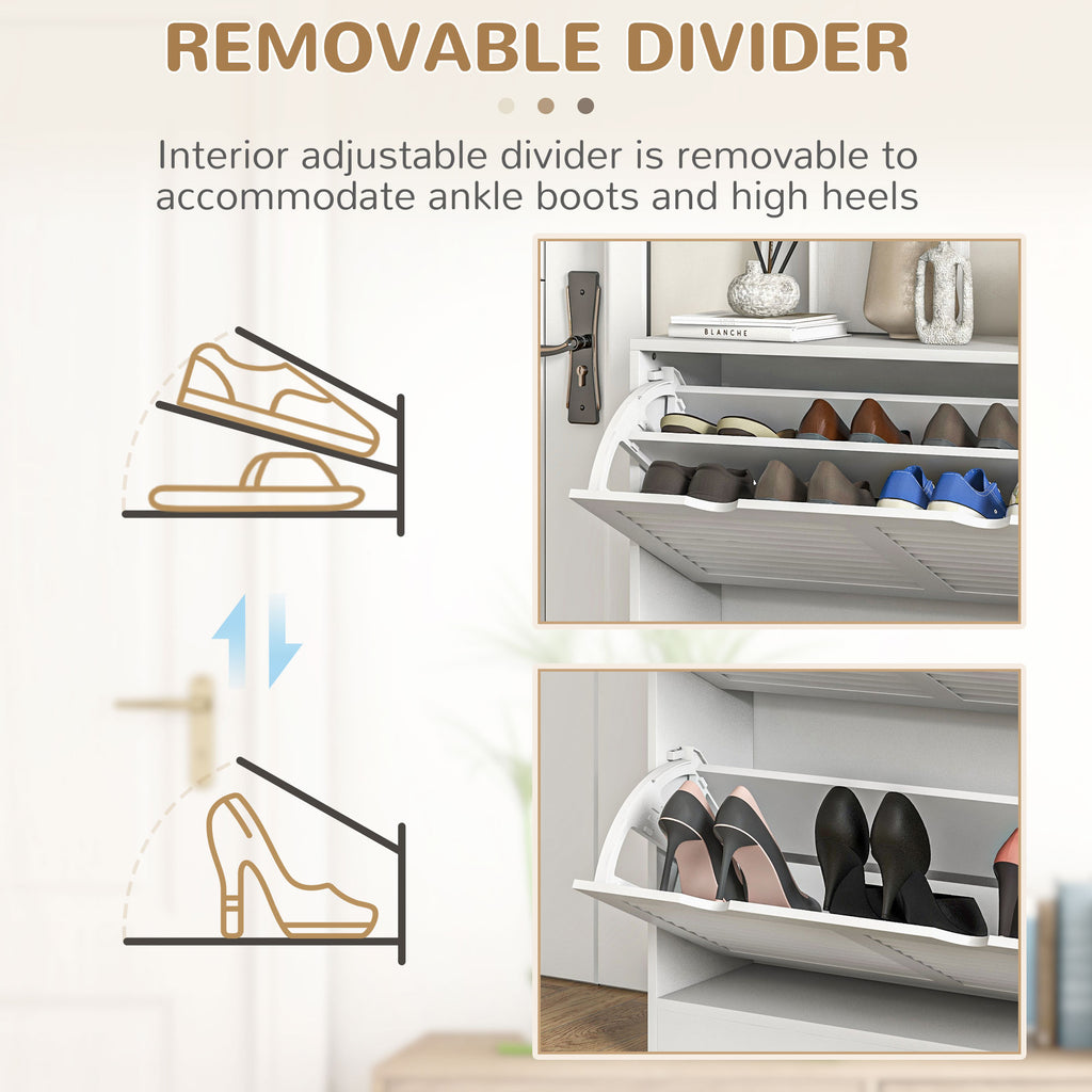 HOMCOM Mobile Space-Saving Wooden Shoe Rack for 16 Pairs of Shoes with 2 Flap Doors, 81.5x25x83cm, White - Borgè