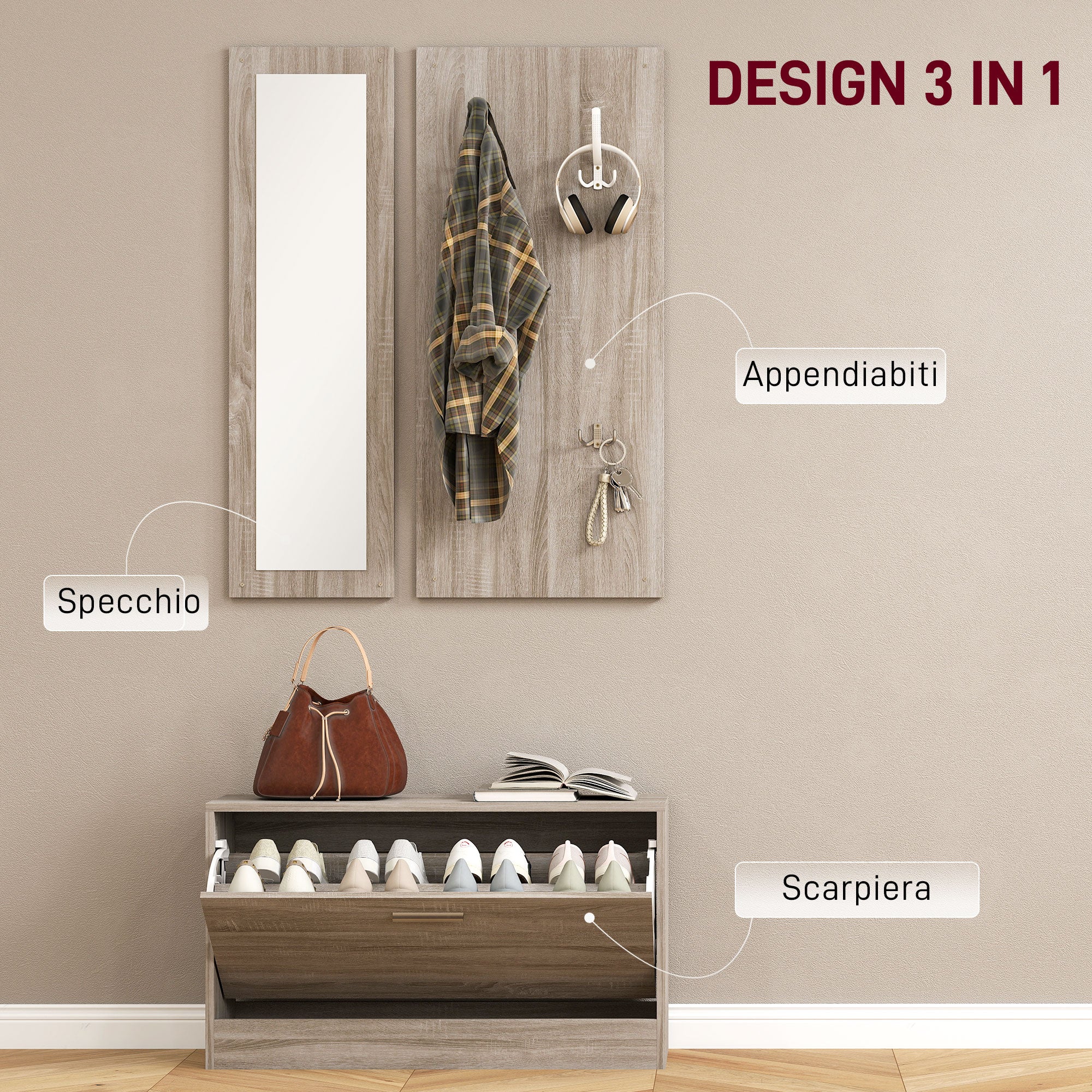 3 Piece Entryway Set with Shoe Rack, Coat Rack and Mirror, in Wood and Glass, Wood and White