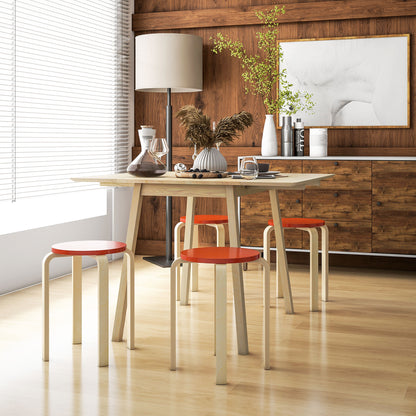 Set of 4 Round Modern Stackable Kitchen and Bar Stools in Wood, Ø40x54cm, Red and Wood