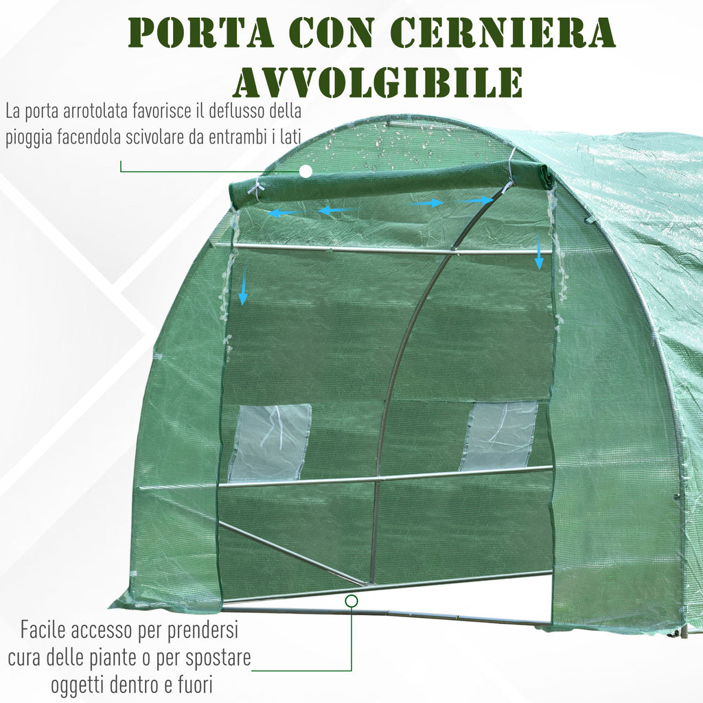Outsunny Tunnel Greenhouse, Outdoor Vegetable Garden Greenhouse with Roll-Up Door and 8 Windows, 6x3x2 m, Steel and PE, Green
