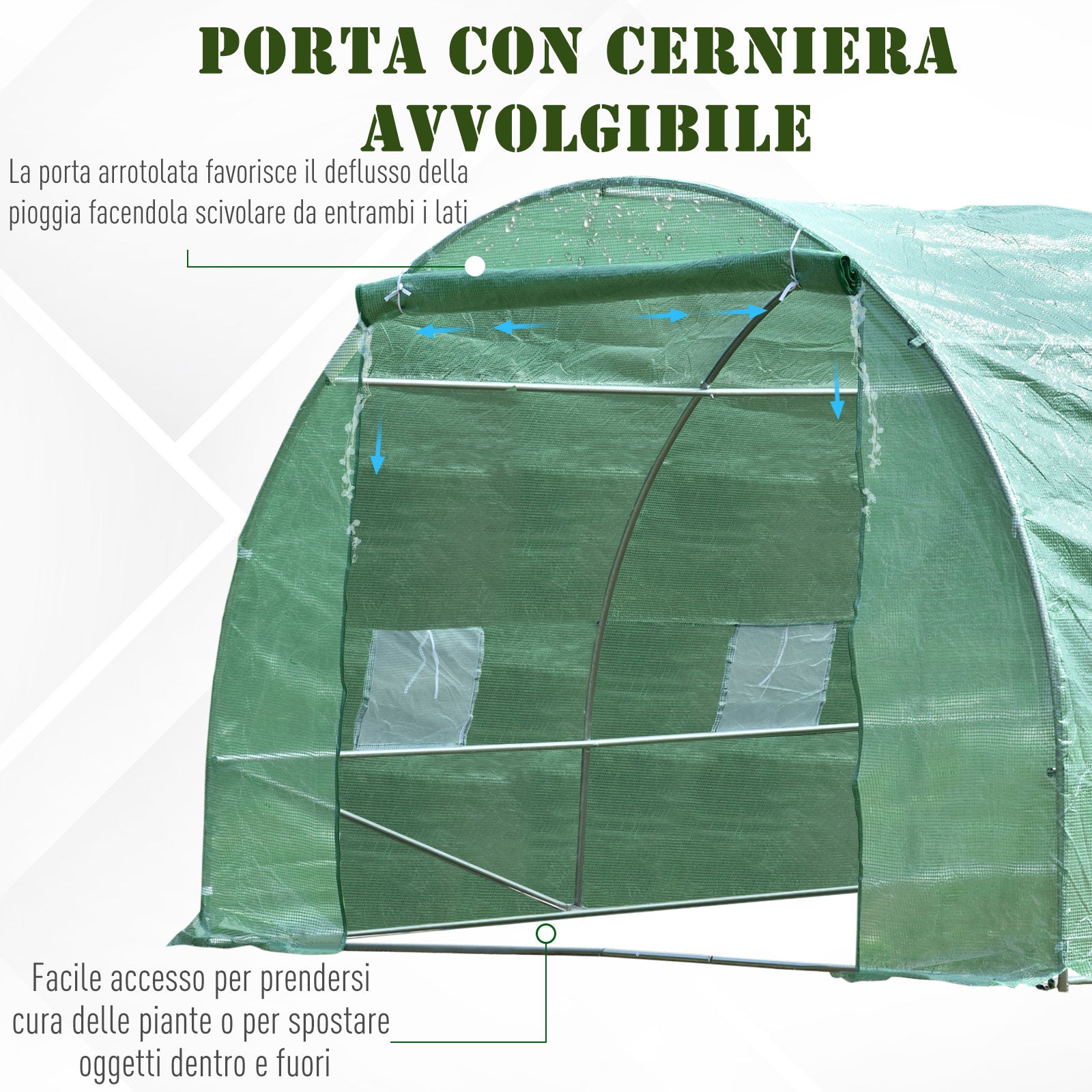 Outsunny Tunnel Greenhouse, Outdoor Vegetable Garden Greenhouse with Roll-Up Door and 8 Windows, 6x3x2 m, Steel and PE, Green
