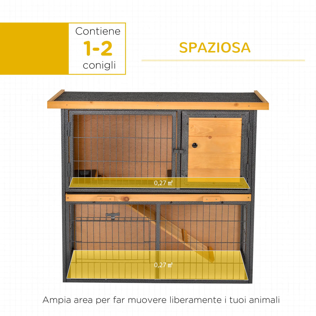 Rabbit Cage with Ramp and Open Area, 2-Tier Wooden and Metal Rabbit Hutch, Light Yellow, 89.5x45x81cm - Borge' Group Limited