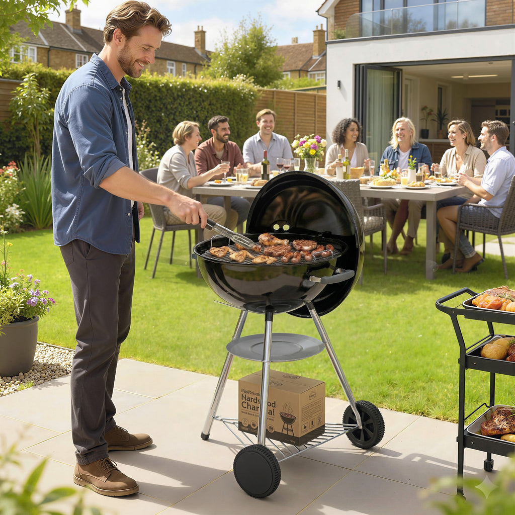 Outsunny Charcoal Barbecue with Round Outdoor Grill, Lid, Thermometer and Wheels, Black