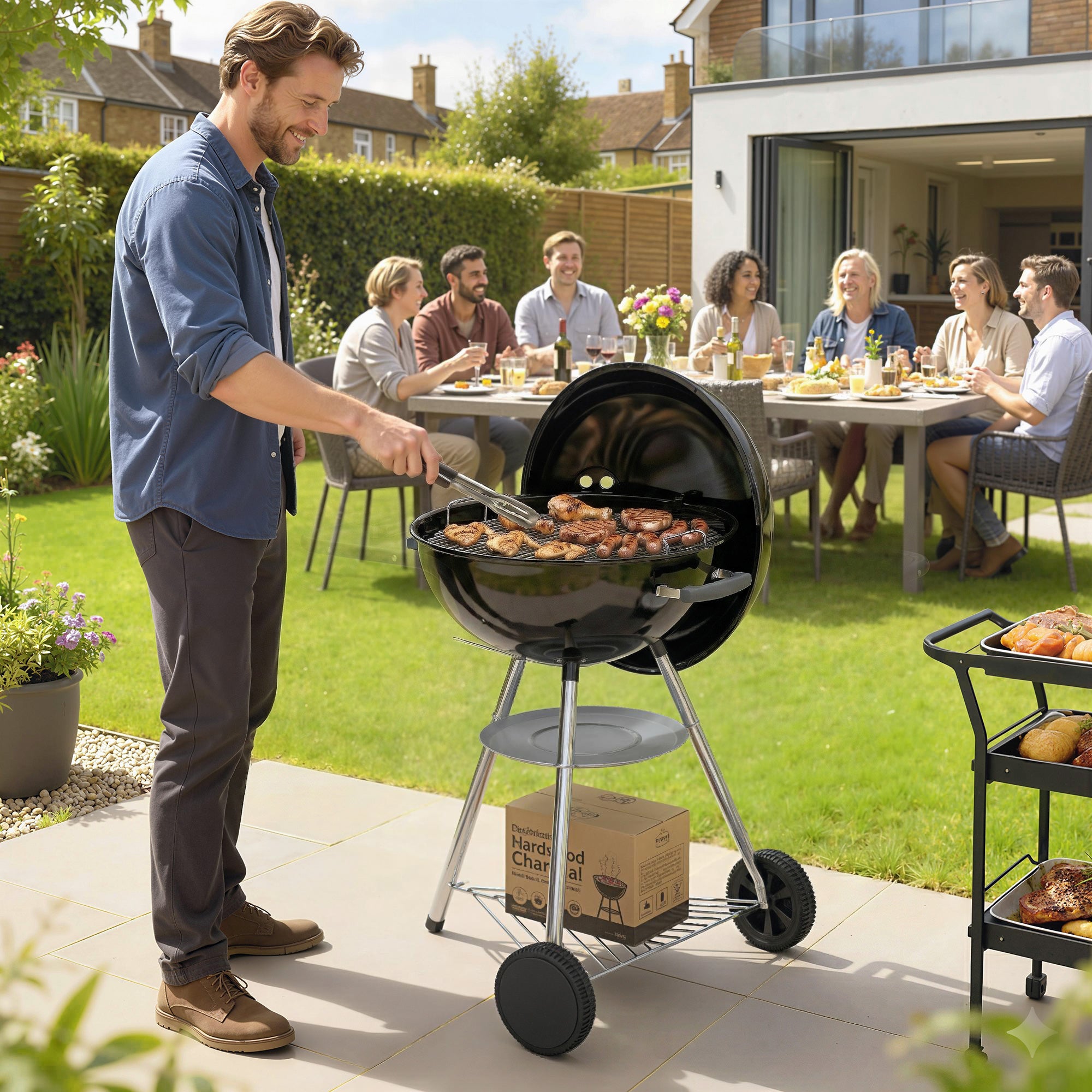 Outsunny Charcoal Barbecue with Round Outdoor Grill, Lid, Thermometer and Wheels, Black