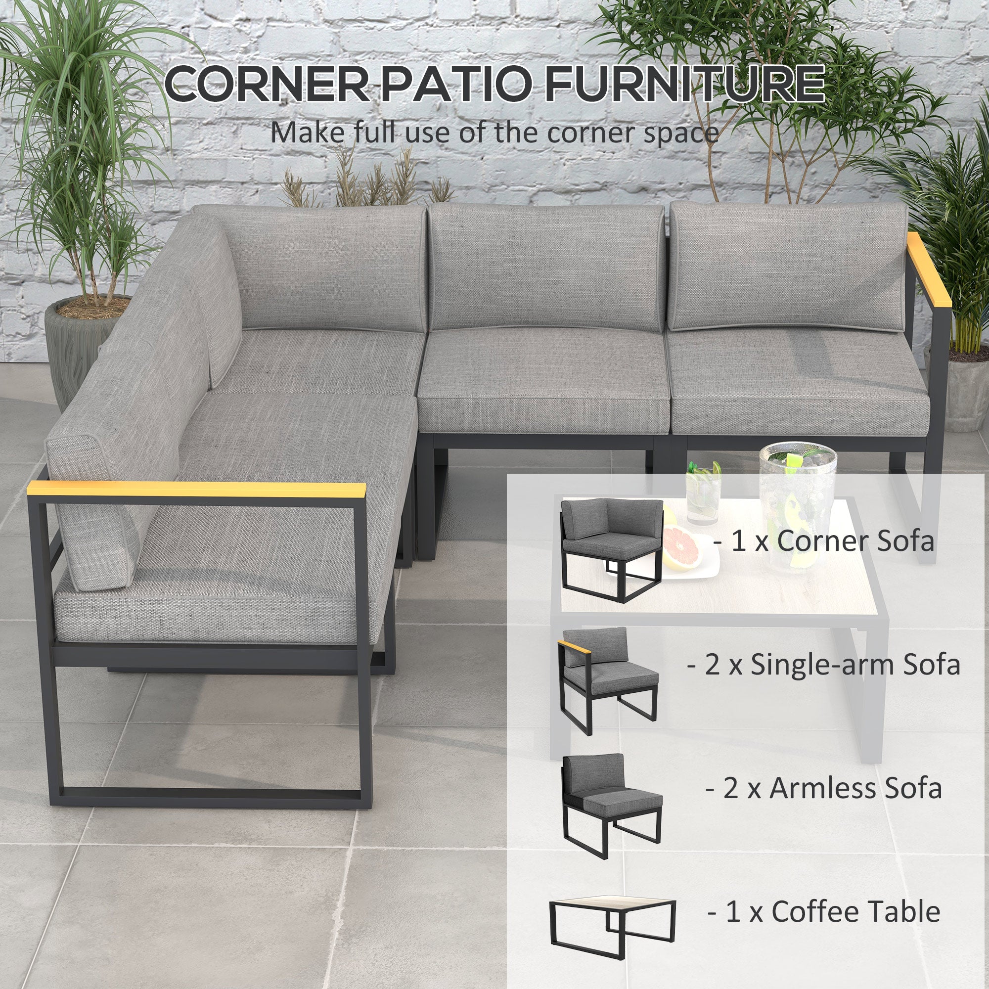 Outsunny garden living room with sofa and aluminum table with padded cushions, gray - Borgè