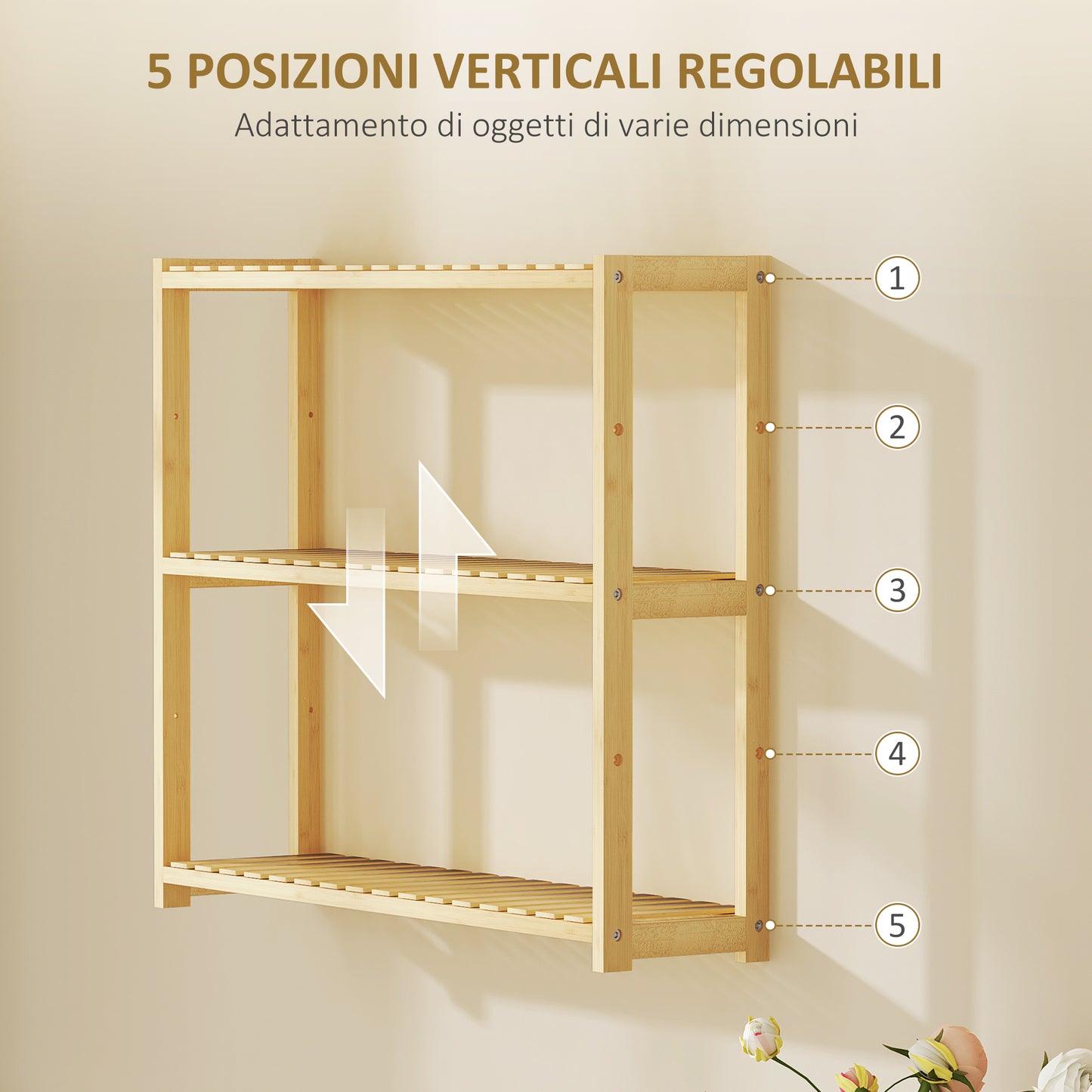 Bathroom Shelf with 3 Shelves Adjustable in 5 Positions, in Bamboo, 60x15x50 cm, color Wood