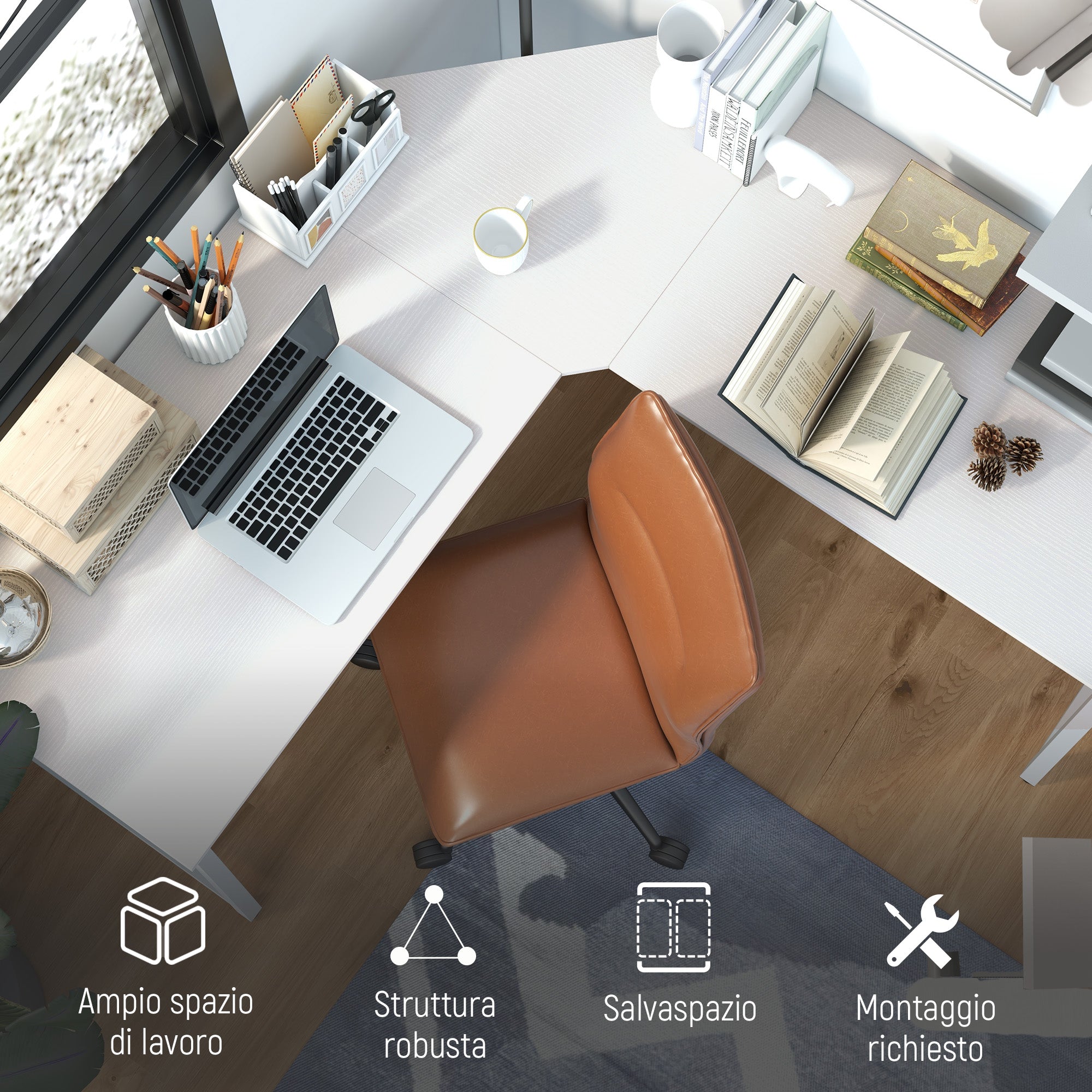 L-Shaped Corner Desk with Adjustable Feet, Wood and Steel, 150x150x76 cm, White