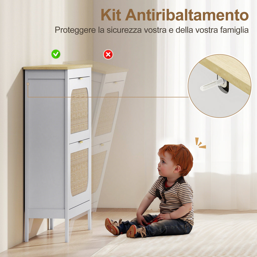 Slim Boho Style Shoe Rack with 2 Folding Drawers for 14 Pairs of Shoes, 80x24x95.5 cm, White