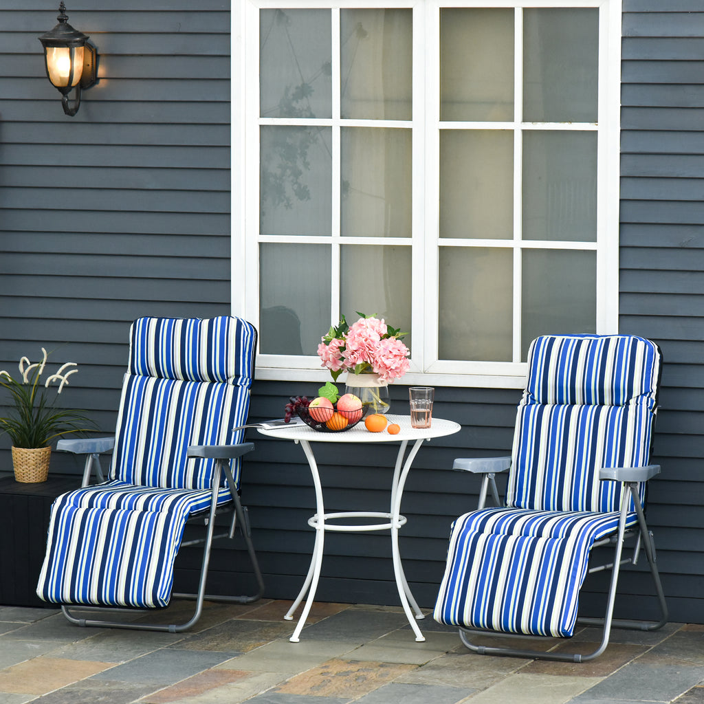 Outsunny Set of 2 Folding Deck Chairs with 5-Level Adjustable Backrest, Steel and Polyester, 60x75x102 cm, Blue and Cream