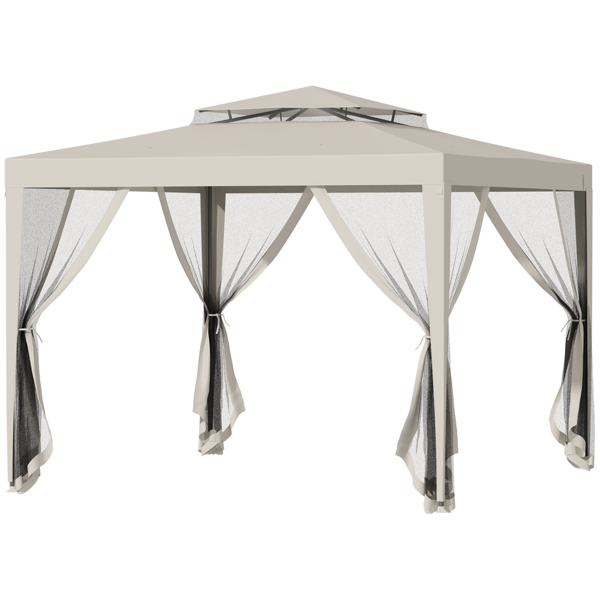 Garden Gazebo 3x3m with Mosquito Net, Double Roof and Metal Frame, Beige - Borgè