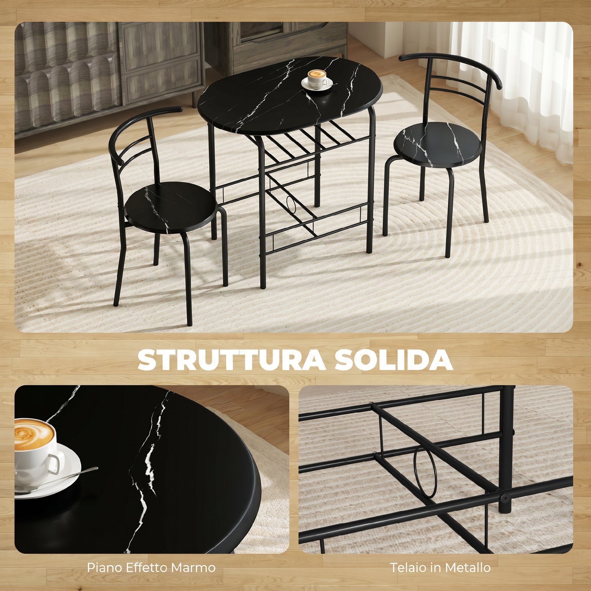 HOMCOM Modern Dining Table and 2 Chairs Set, 3-Piece Space-Saving Furniture for Kitchen, Balcony, Restaurant or Bar, Brown and Black
