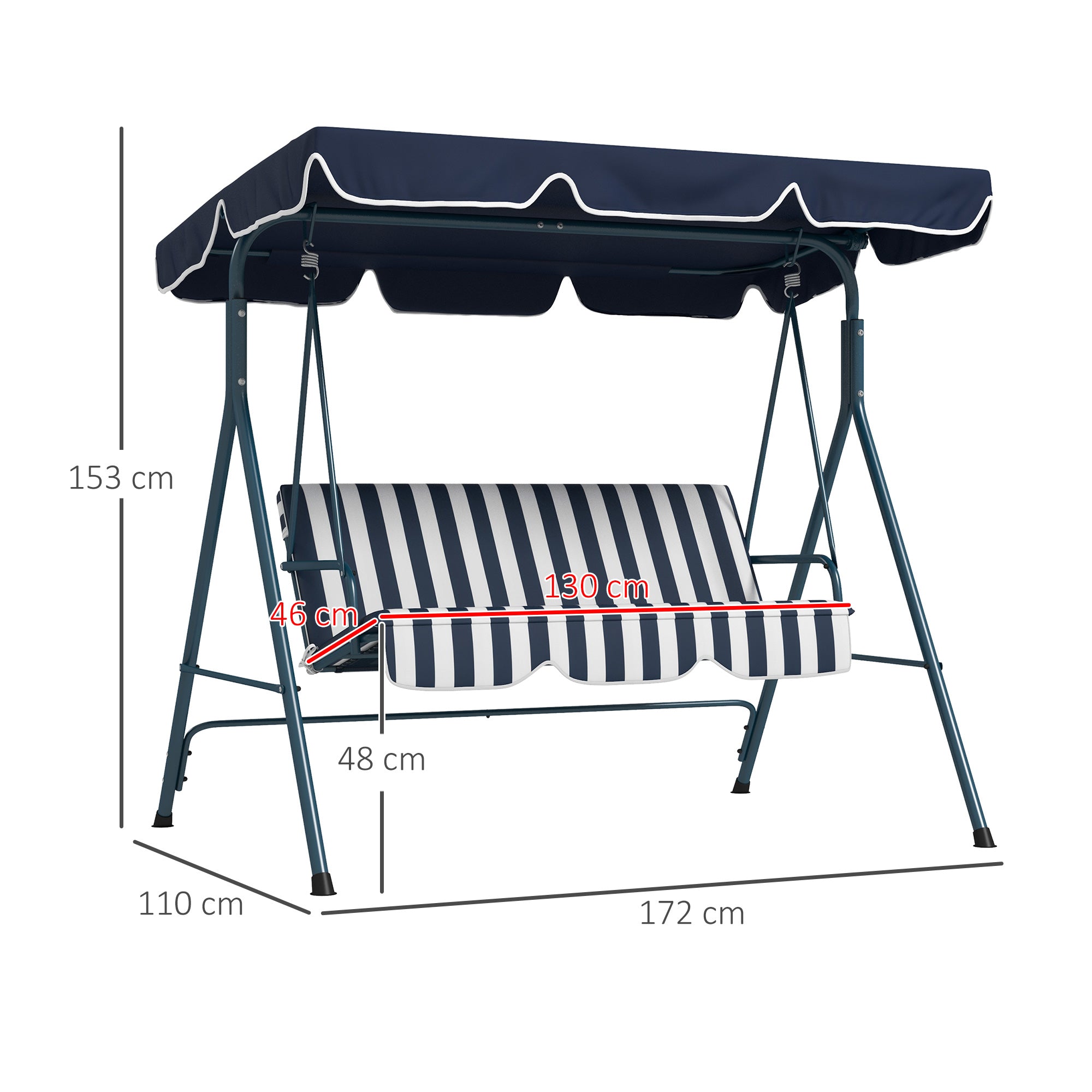 3-Seater Garden Swing with Sunshade Roof, in Steel and Polyester, 172x110x153 cm, White and Blue
