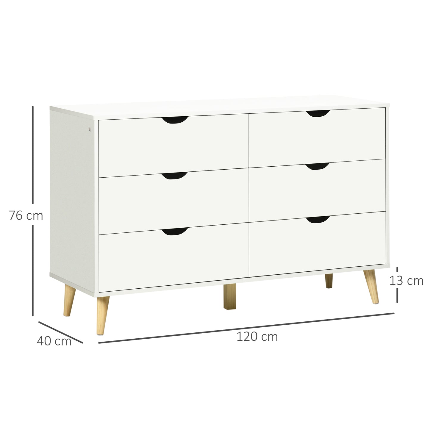 HOMCOM Chest of 6 Drawers with Laminate Handles, in Pine Wood, 120x40x76 cm, White and Wood Color - Borgè