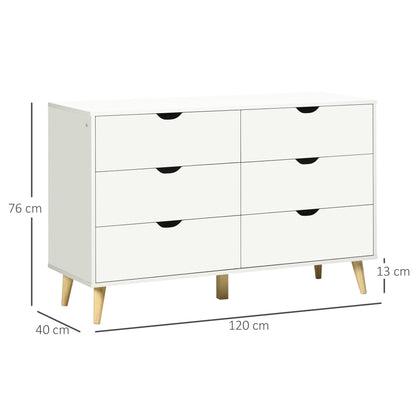 HOMCOM Chest of 6 Drawers with Laminate Handles, in Pine Wood, 120x40x76 cm, White and Wood Color - Borgè