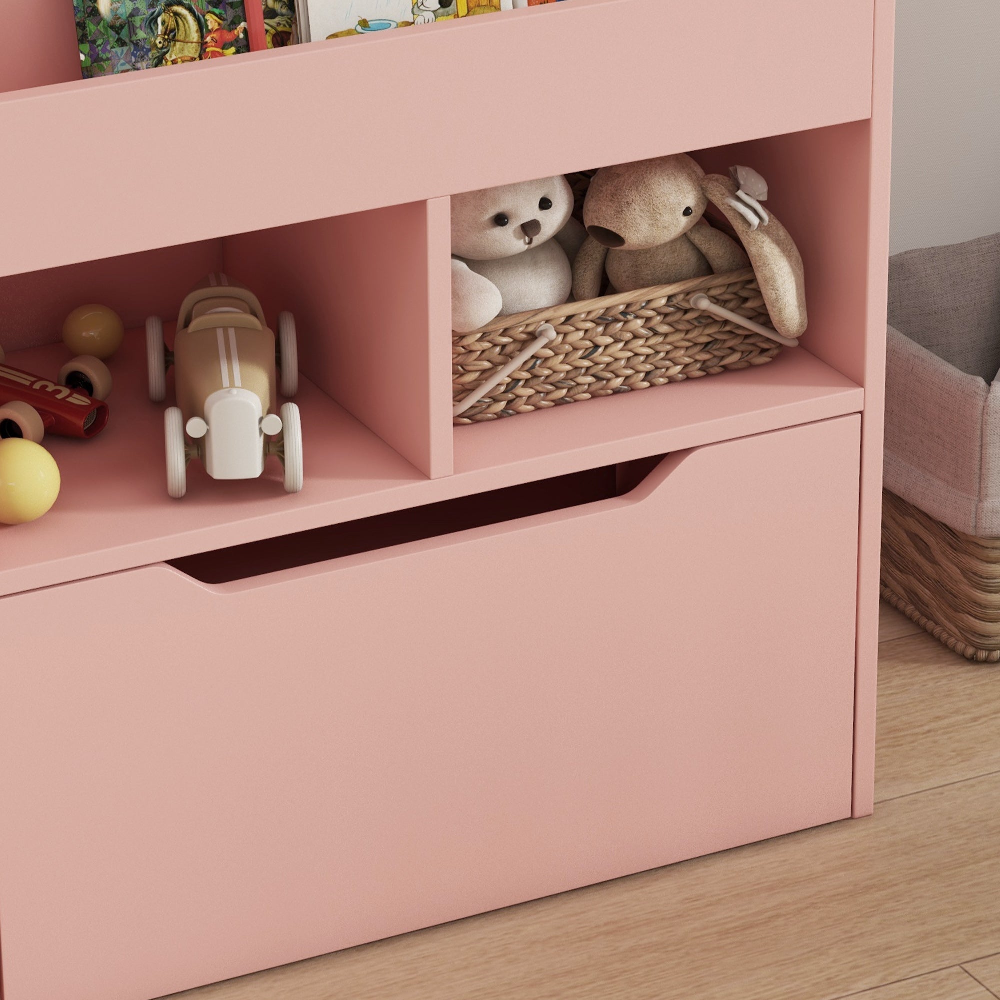 Small Children's Bookcase with MDF Shelves and Drawer, 60x29.9x90cm, Pink