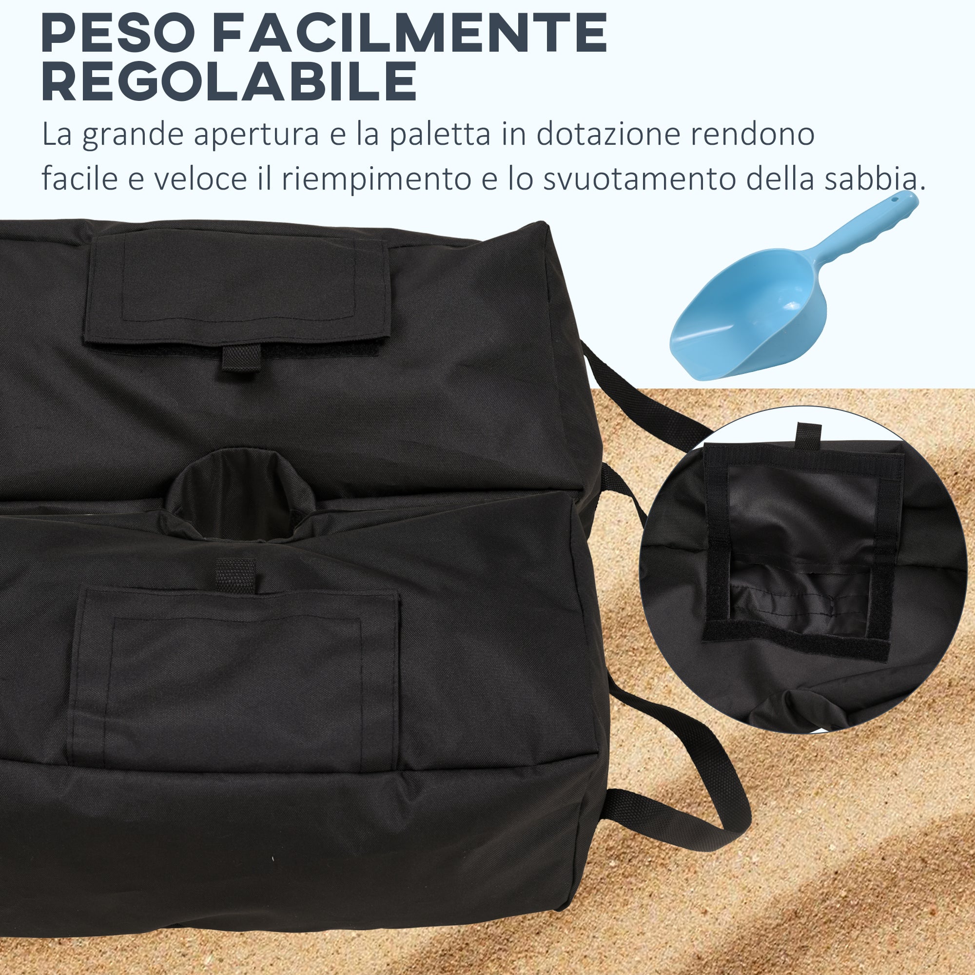 Base for Umbrella Bag Fillable with 50 kg of Sand, in Plastic and Oxford Fabric, 50x25x18 cm, Black