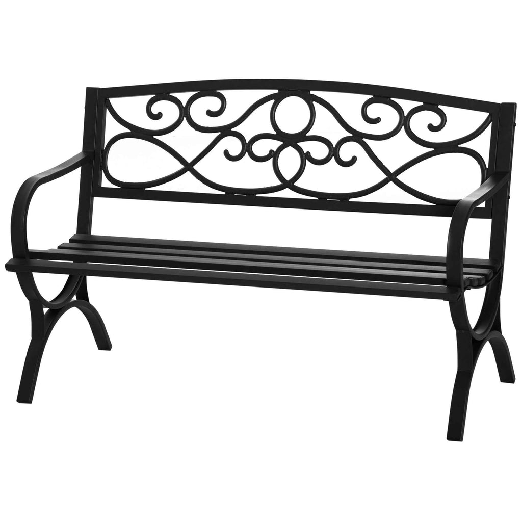 Outsunny 2-Seater Steel and Cast Iron Garden Bench with Armrests and Decoration, 128x58.5x85cm, Black