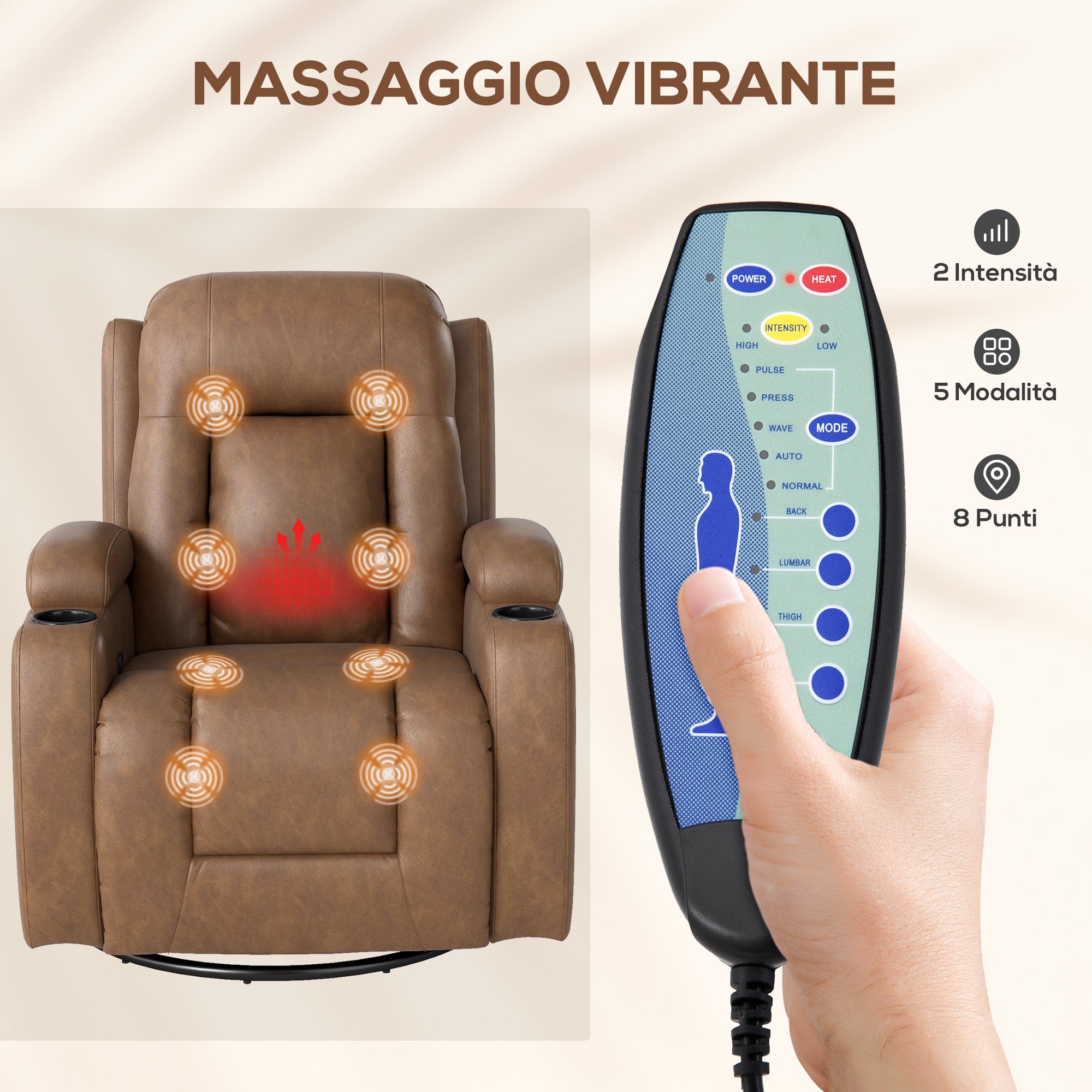 Reclining Massage Chair with Heated Faux Leather and 8 Massage Points, Brown