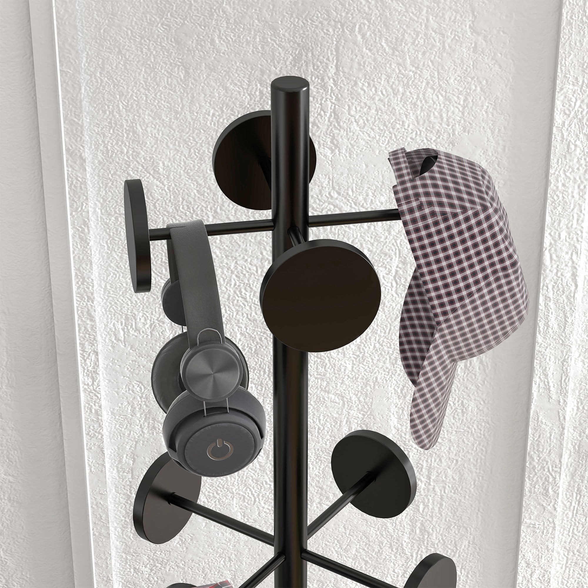 HOMCOM Floor Coat Hanger with Umbrella Holder and 8 Metal Disc Hooks Ø34 x 177cm, Black - Borgè