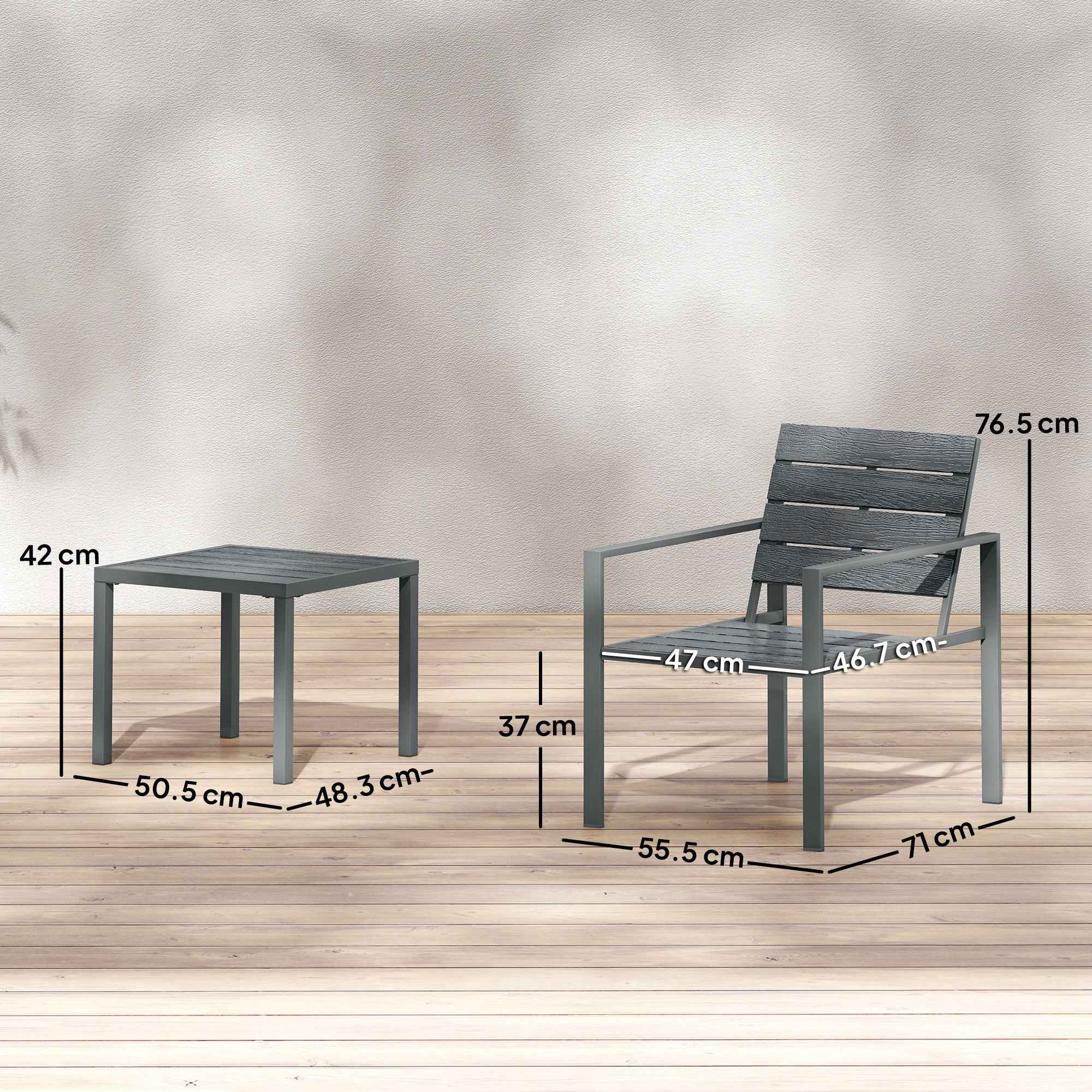 Outsunny 3-Piece Garden Set with 2 Outdoor Chairs and Coffee Table, in HDPE and Metal, Dark Grey