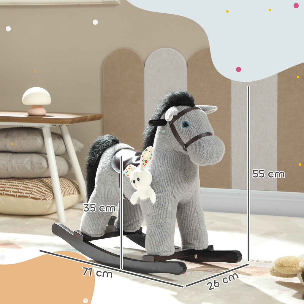 AIYAPLAY Rocking Horse with Sounds for Children 2-5 Years and Plush Animal Included, Wood and Steel, Grey