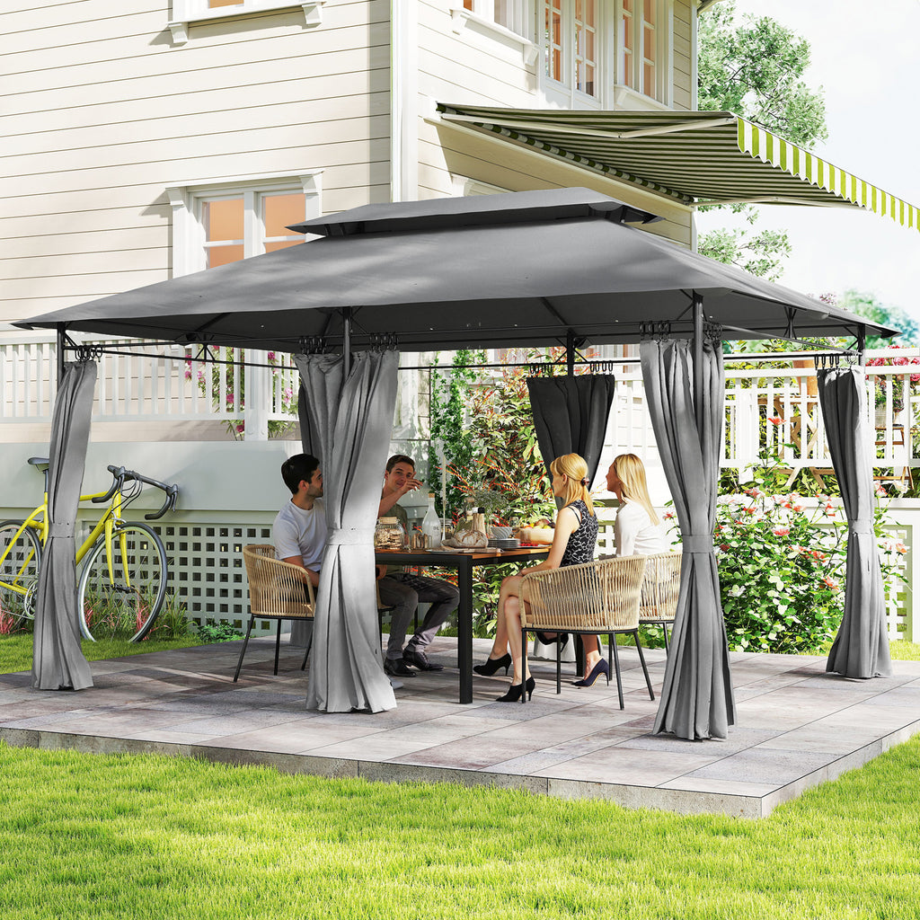 Outsunny 3x4m Garden Gazebo with Removable Curtains, Double Roof and Metal Frame, Grey