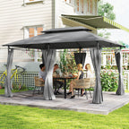 Outsunny 3x4m Garden Gazebo with Removable Curtains, Double Roof and Metal Frame, Grey