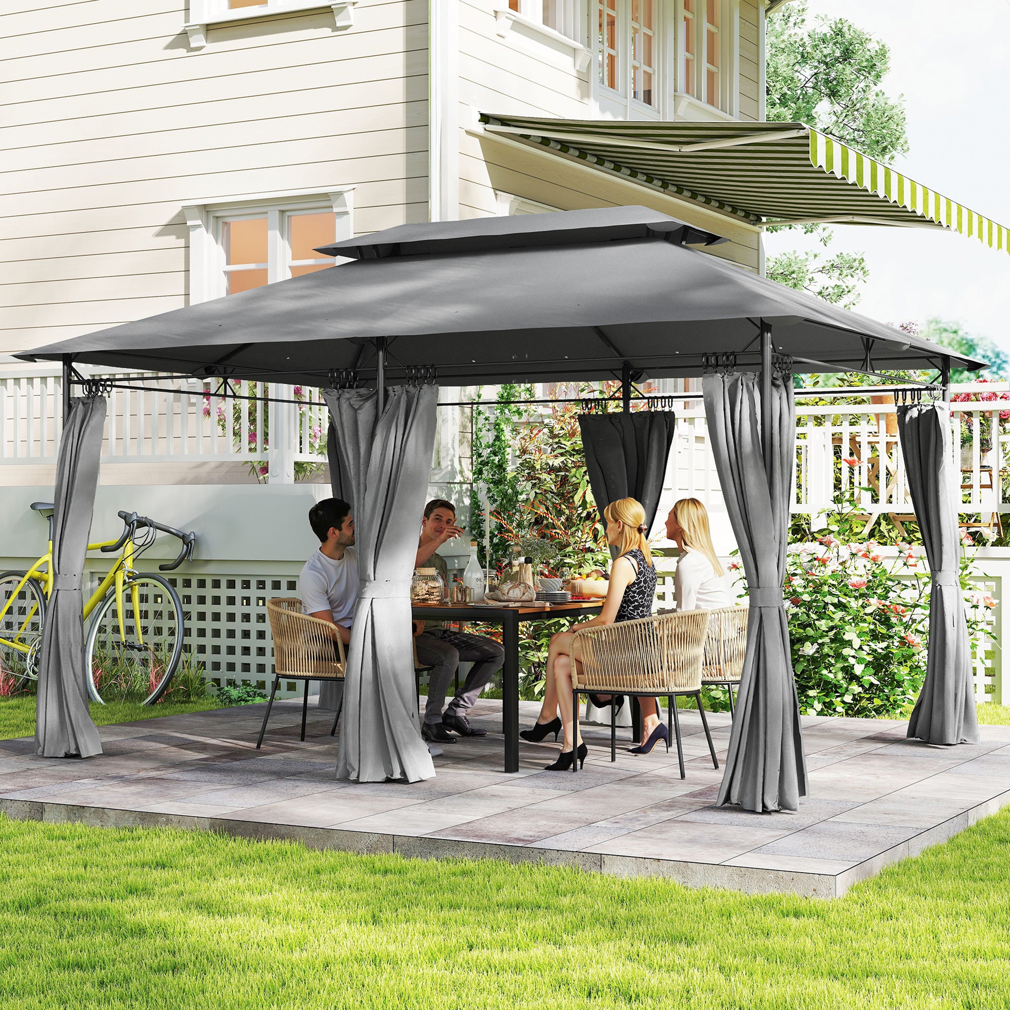 Outsunny 3x4m Garden Gazebo with Removable Curtains, Double Roof and Metal Frame, Grey