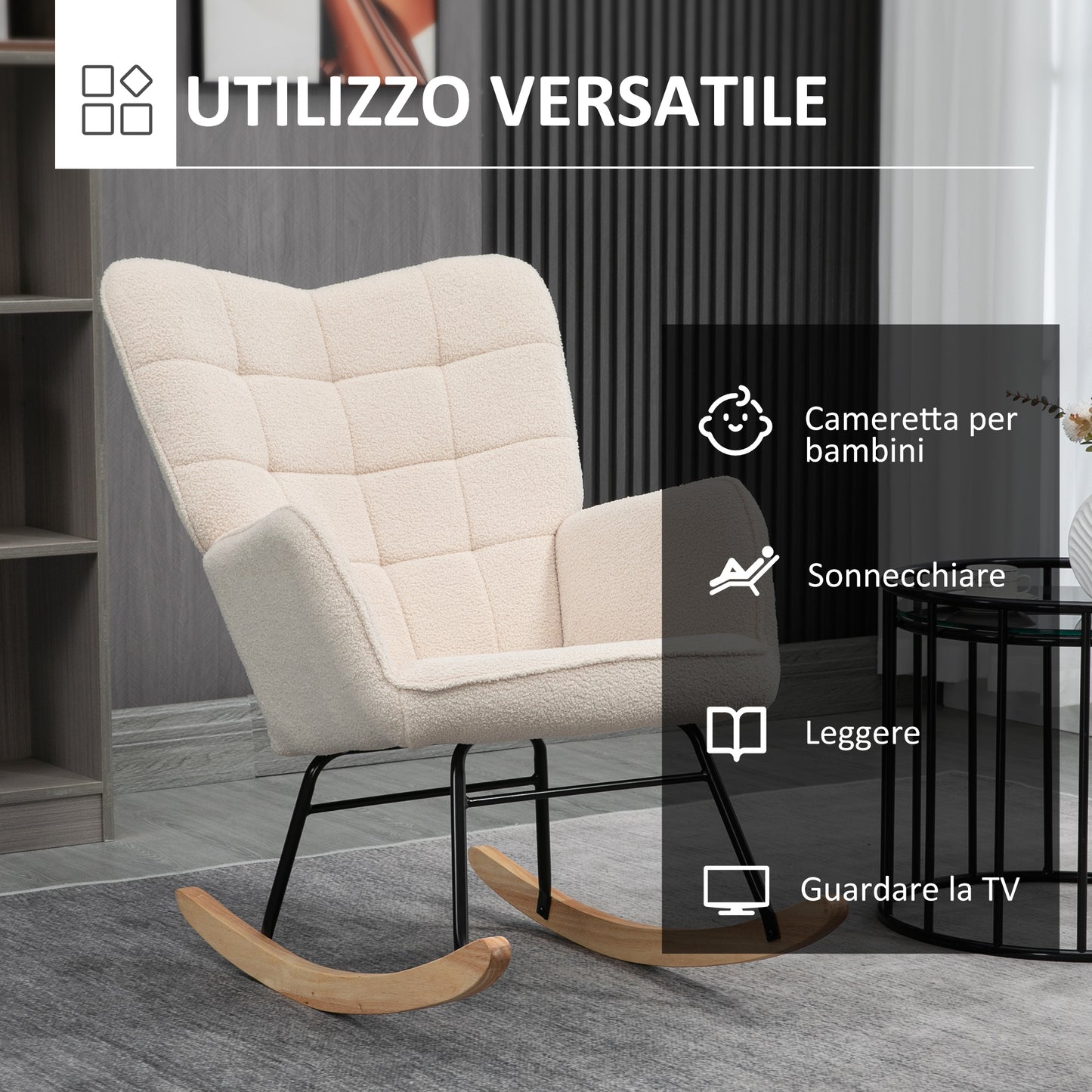 Upholstered Rocking Chair in Wood and Steel for Living Room and Bedroom, 71x98x101 cm, Beige - Borgè