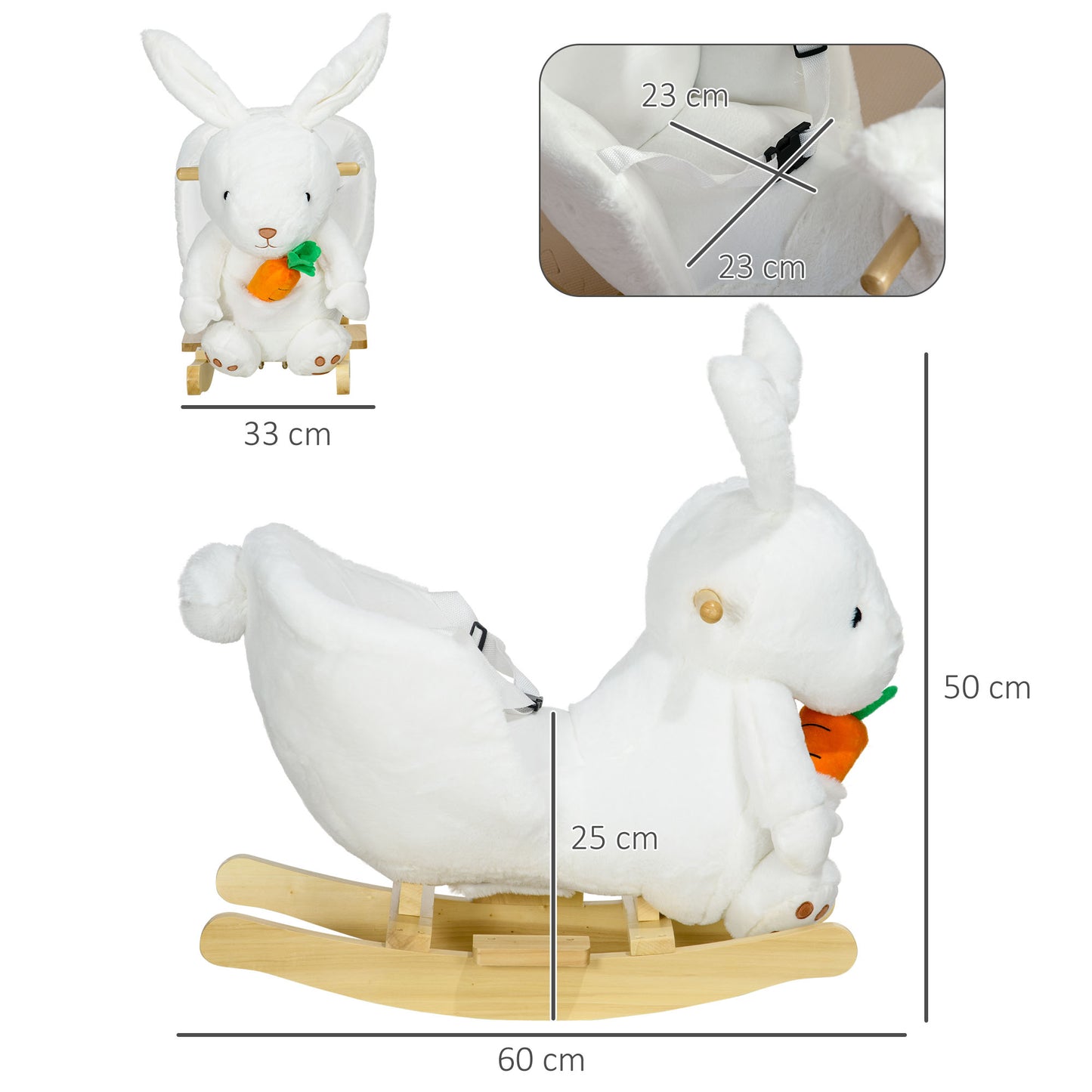 Rabbit Rocking Animal with Sounds and Safety Belt, 60x33x50 cm, White