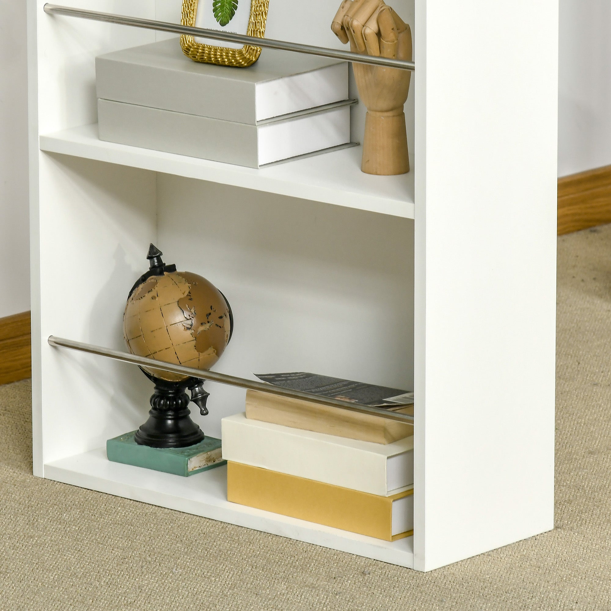 Bar Table with 3 Shelves and Protective Bars, in Steel and Chipboard, 112x57x106 cm, White