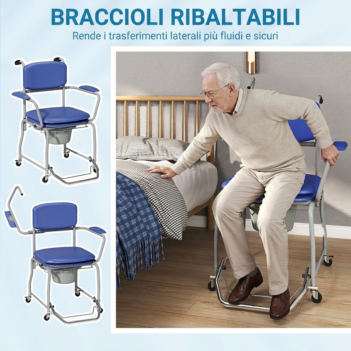 HOMCOM Shower Chair with Wheels, Comfortable Padded Wheelchair with Folding Armrests