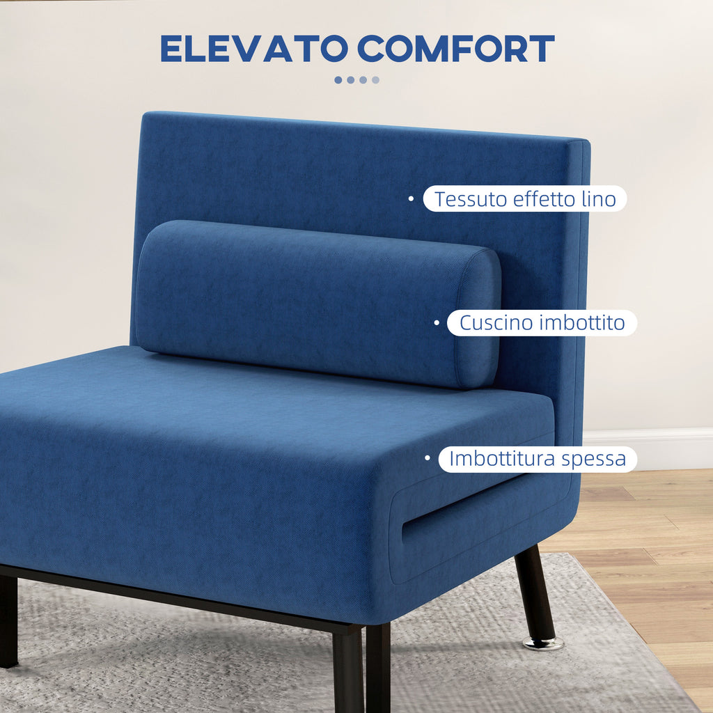 Armchair Bed with Adjustable Backrest in 5 Positions, in Linen Effect Fabric and Steel, 75x70x75 cm, Dark Blue