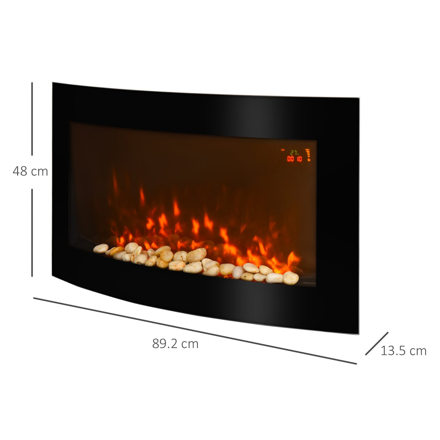 Electric Fireplace Wall and Built-in with 7-Color LED Light, Power 1000/2000W and Temperature 15-30°C, Black