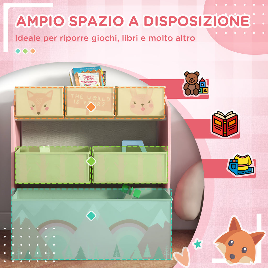 ZONEKIZ Children's Toy Shelf with 6 Removable Fabric Containers, 63x30x66cm, Pink - Borgè
