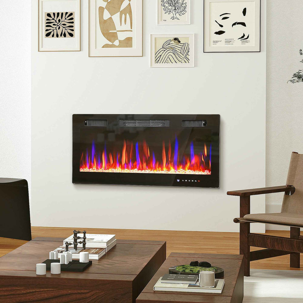 HOMCOM Built-in or Wall-Mounted Electric Fireplace with Adjustable Temperature, Steel and Glass, 91.4 x 9.4 x 47 cm, Black